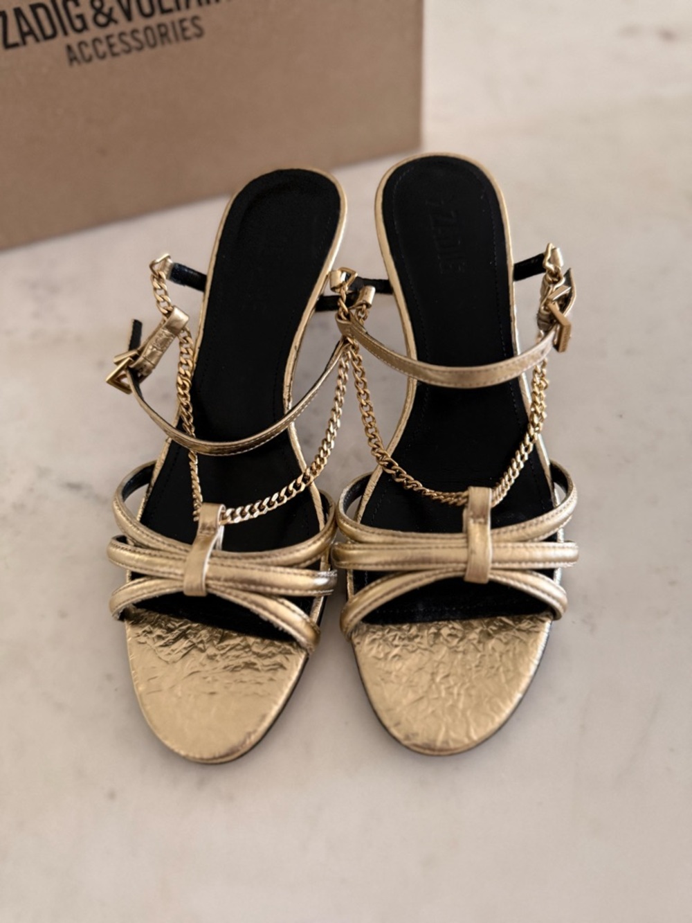 Zadig & Voltaire Metallic Gold Chain-Strap Heeled Sandals